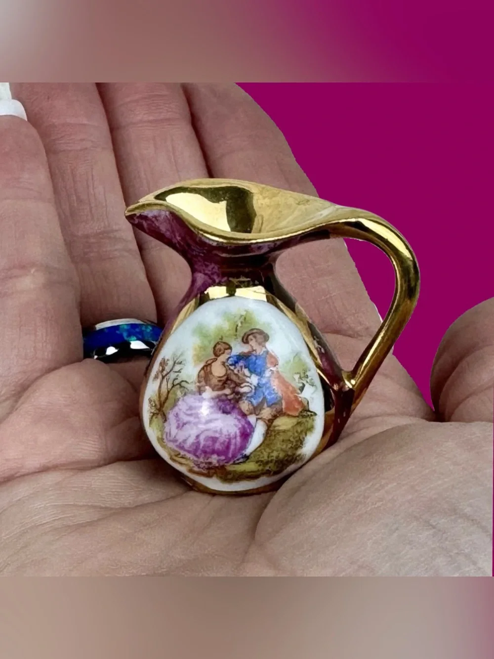VINTAGE LIMOGES FRANCE Mini Hand Painted Pitcher Burgundy & Gold Collectible